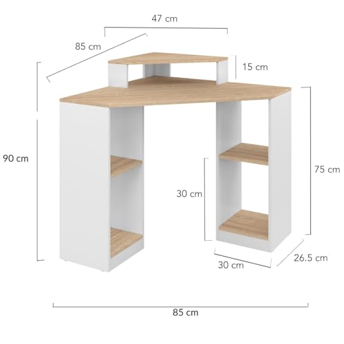 Bureau d'angle informatique Harry avec rangements blanc et hêtre
