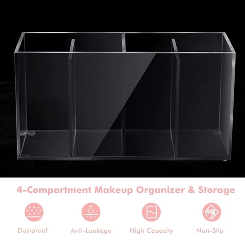 Image of 4 Compartment Acrylic Makeup Organizer with Lid - Clear Cosmetic Storage Box with 4 Trays for Eyelash, Mascara, Brushes, Cotton Balls, Bathroom & Office Use