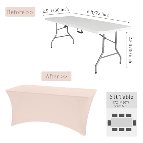 Image of 6 Pack 6FT Spandex Table Covers Washable Wrinkle Resistant Fitted Rectangle Tablecloth for Folding Table Wedding Party Birthday Banquet Bar Events(Cameo Brown)