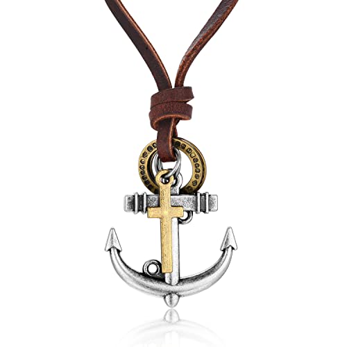 Vintage Cross Nautical Marine Anchor Pendant Necklace, Adjustable Brown Leather, Men Women, Ethnic