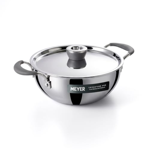 Image of Meyer Trivantage Pro Stainless Steel Triply Kadai | Deep Steel Kadhai with Lid | Stainless Steel Cookware with Induction Base | 20cm /2.3L