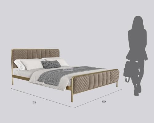 Image of Modern Upholstered Queen Size Bed for Bedroom | Metal Double Bed | Platform Cot Bed with Upholstery Premium Fabric | 6.5 x 5 Ft | Powder Coated Metal Beds | Beige