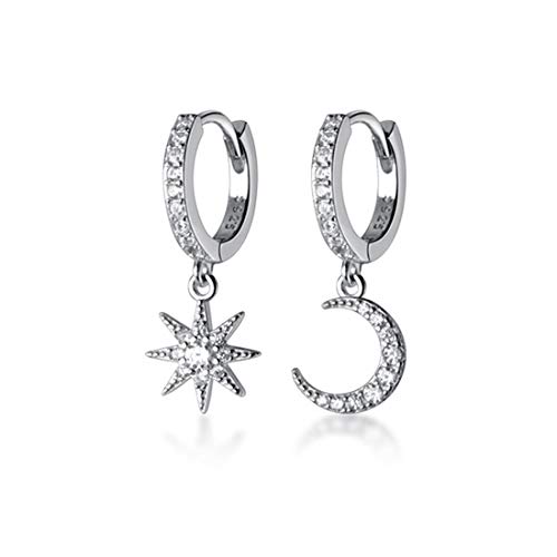 SLUYNZ 925 Sterling Silver Sparkling CZ Star Moon Small Hoop Earrings for Women Teens Asymmetric Star Moon Huggie Earrings