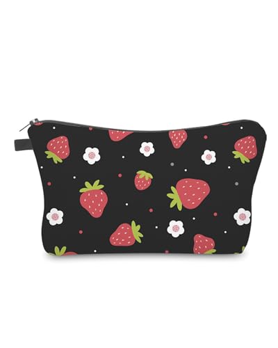 Aiphamy Cute Travel Makeup Bag Cosmetic Bag Small Pouch Gift for Women (Strawberry Black)