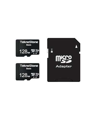 TEKNOSTONE Basic   Tarjeta de memoria micro SDXC de 128 GB con adaptador de hasta 90 MB/s de velocidad de lectura U3 V30 A1, compatible con video HD, tarjeta TF para cámaras de seguridad, tabletas