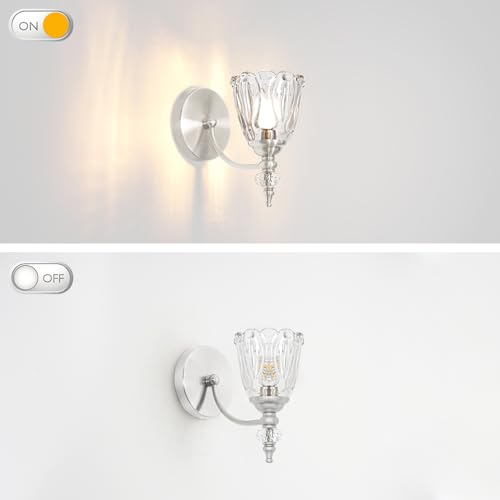Image of Vintage Wall Sconces Set of Two, Brushed Nickel Bathroom Vanity Light Fixtures, Hardwired Sconces Wall Deco Set of 2, Glass Wall Lights for Bathroom, Bedroom,Hallway (Excludes G9 Bulb)
