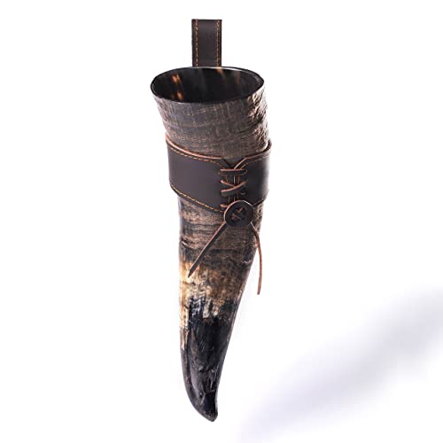 Norse Tradesman 50 cm Auténtico cuerno de buey Vikingo para beber con funda de cuero genuino para cinturón | Saco de regalo de arpillera incluido | The Journeyman, Unpolished, 50 cm Cover