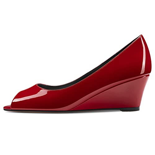 DearOnly Womens Wedge Pumps Peep Open Toe Slip On Low Block Chunky Heel Patent Dress Shoes Cute 2 Inch2