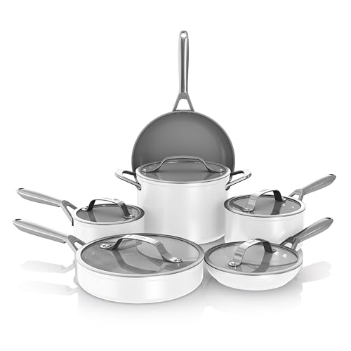 Image of Ninja Ceramic Pro 11-Piece Cookware Set, Non-Stick Pots & Pans Set with Glass Lids, Nontoxic, PTFE Free, Ceramic Coated, Oven Safe, All Stovetops & Induction Compatible, Steam White, CW39011WH
