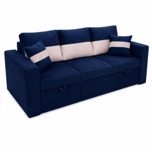 Image of FURNY Soria 4 Seater LHS Lounger Sofa Cum Bed (Dark Blue - Cream) with Pull-Out Function | Luxury Velvet Suede Finish | Durable Comfort | Ideal for Living Room