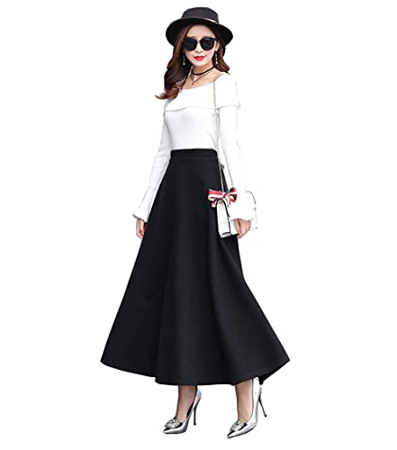 Women's Vintage High Waist Long Skirt A-line Fall/Winter Elegant Solid Wool Midi Skirt