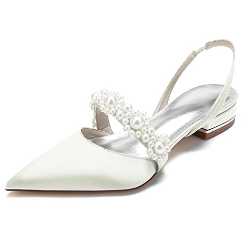 Women's Closed Toe Satin Pearl Wedding Flats Slingback Flats for Bride Prom Evening Bridal Party Dress Flats