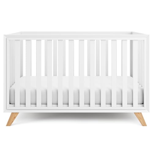 Comfy Cubs Baby Crib for 0 to 3 Years - Adjustable Mattress Height, Natural Wooden Crib for Baby, Elegant Nursery Furniture - 80 lbs Capacity Nursery Bed - White Bars and Frame with Natural Wood Leg