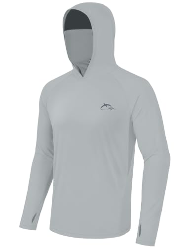 Image of FISHEAL Men's UPF 50+ Sun Protection Fishing Hoodie, Long Sleeve UV Shirts with Mask, Quick Dry Hooded for Outdoor Beach