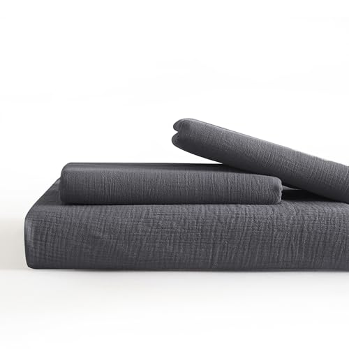 SE SOFTEXLY Muslin Duvet Cover California King Size, 100% Washed Cotton Duvet Cover Set, Ultra Soft Comforter Cover Linen Like, 3 Pieces Gauze Duvet Cover with 2 Pillowcases, 98"x104", Dark Grey