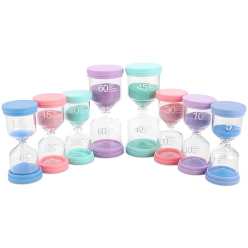 MIVIDE Juego de 8 relojes de arena, reloj de arena en 6 colores, 1/5/10/15/20/30/45/60 minutos para niños, cocina, oficina, tiempo de juego (color macaron)