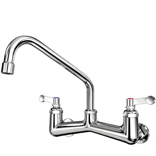 JZBRAIN Wall Mount Sink Faucet for Kitchen: JZBRAIN 8 inch Center Commercial Faucet with 12 inch Swing Spout for Restaurant 3 Compartment Sinks - Heavy Duty Brass Construction Polished Chrome