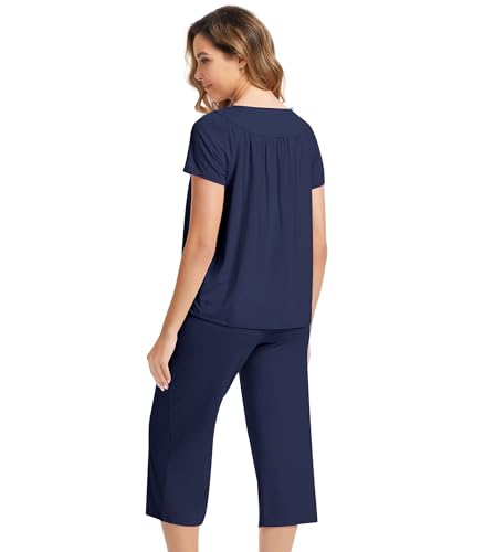 Image of NACHILA Pajamas for Women-Viscose Made from Bamboo, Short Sleeve Sleepwear Soft Capri Pants Pajama Set Pleated Loungewear