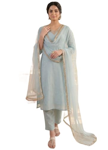 SHRITHI FASHION FAB Women's Blue Chanderi Silk Kurta Set Sky-Blue - Image 2