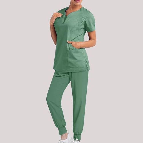 Sdwingk Scrubs For Women Set Solid Clearance Solid Color V-Neck Short Sleeve Scrub Top And Jogger Pant Scrub Set thumb #1