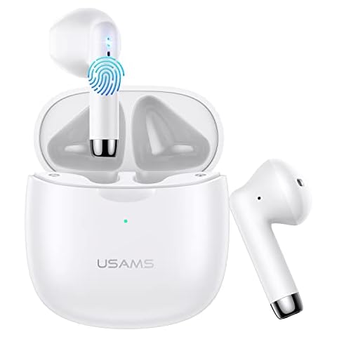 True Wireless Earbuds, Bluetooth 5.0 Headphones in Ear with Charging Case, Built-in Microphone, CVC 8.0 Noise Cancelling Earphones, Touch Control, 24 Hours Playback, for Sport Work Drive, White Cover