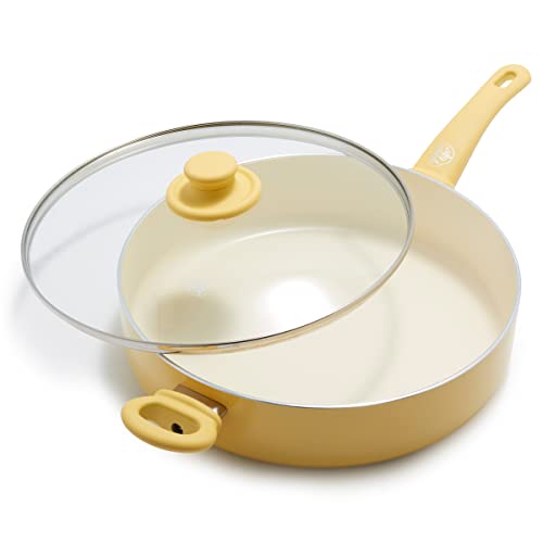 Image of Greenlife Soft Grip Healthy Ceramic Nonstick, 5QT Saute Pan Jumbo Cooker with Helper Handle and Lid, PFAS-Free, Dishwasher Safe, Yellow