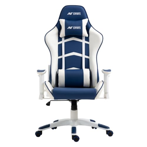Image of Ant Esports 9077 Ergonomic Gaming Chair, Multifunctional Gaming Chair with Premium PU Leather Upholstery, 2D Armrest, Integrated Neck and Lumbar Support, & 180 Recline - White & Blue