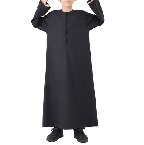 Boys Muslim Kaftan Kids Crewneck Long Sleeve Ramadan Eid Outfits Muslim Dress Solid Color Prayer Clothes with Pocket3