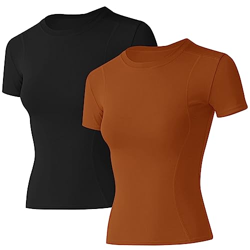 Image of Loovoo Women Workout Shirts, 1 /2 /3 Pack Short Sleeve Compression Tee | Tight Fit Gym Basic Tops, Athletic Quick Dry Crew Neck 4-Way Stretch, Flat Seams Ideal for Yoga, Gym, Running and Daily Wear
