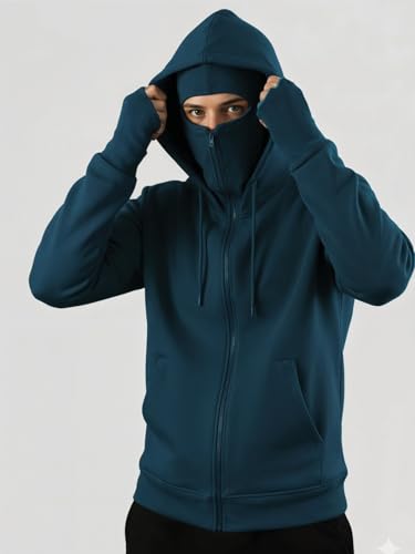 Image of ADRO Men Balaclava Hoodies | 320 GSM Soft Cotton Zipper Hoodie | Thumb-Hole Cuff Gloves | Travel Jacket with Hood | Winter Sweatshirt