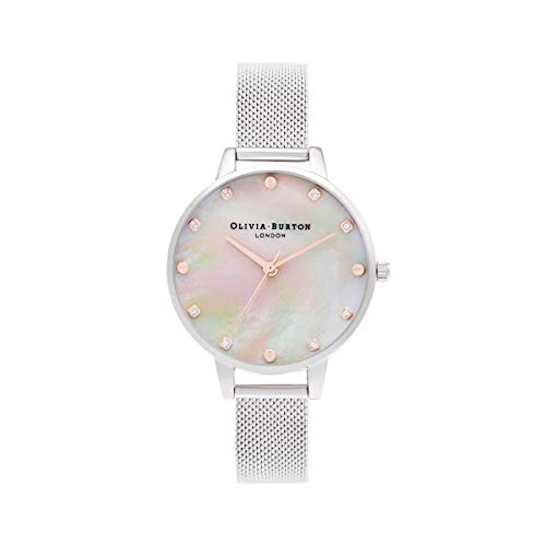 Image of Olivia Burton Classics Qtz Basic White Mother of Pearl & Stone & Stud Round Dial Women's Watch|Stainless Steel Material|Silver Color Band - OB16SE07