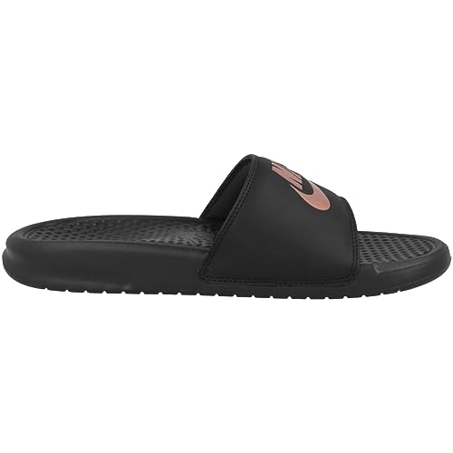 Women's Nike Benassi "Just Do It." Slide Sandal, Comfortable and Cushioned Slides for Women, Black/Rose Gold, 11