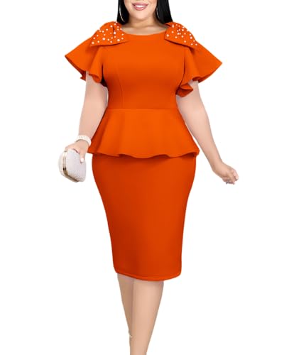 ONTINVA Women's Plus Size Pencil Dress Bowtie Beaded Ruffle Flared Sleeves Wedding Guest Dress Wear to Work Dresses
