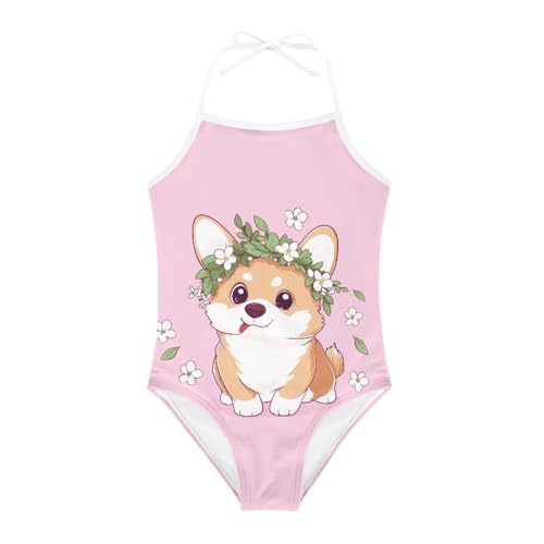 Uppodwarkid Corgi Swimsuit for Girls 3T Halter Bathing Suit for Toddler Girls Quick Dry One Piece Swim Suit with Cute Graphic Swimwear Cool Sport Beachwear for Beach Sports