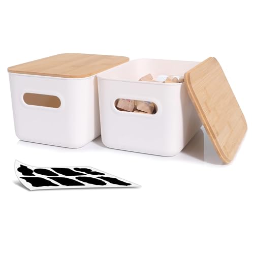 Citylife 2Pack 6.5L Storage Box with Wood Lid Plastic Storage Containers for Bathroom Stackable Organizing Box with Handle for Shelves Kitchen White 25.8 x 17.8 x 14.8 cm