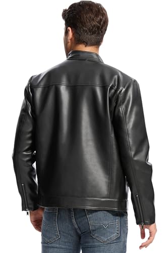 Fahsyee Leather Jacket Men Lightweight Motorcycle Jackets Men's Stand Collar Bomber Coat with Pockets and Zip4
