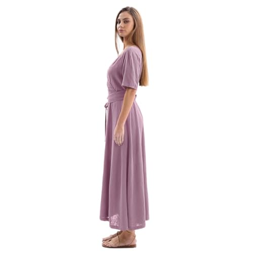 Amazhiyu Womens Linen Short Sleeve V Neck Wrap Maxi Dress Belt Tie with Pockets2