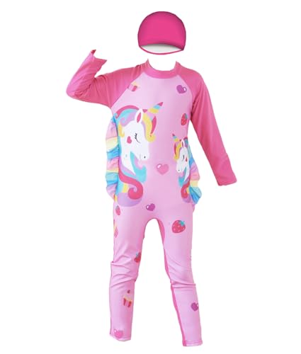 Image of Girls Swimsuits Long Sleeve Rash Guard Swimwear with Matching Cap One-Piece Bathing Suits 2-10 Years