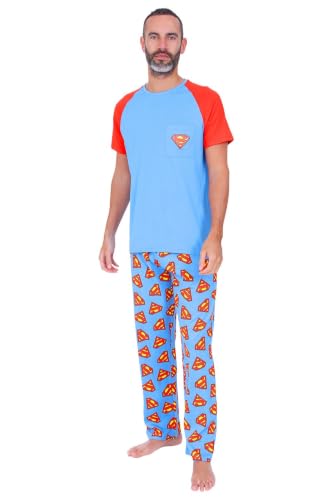 Superman Conjunto de pijama largo para hombre, rojo y azul, azul, XL