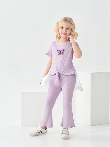 Image of Kid Girl Clothes Butterfly Patch T-Shirt Jogger Pants Ribbed 2PC Summer Fall Outfits Set