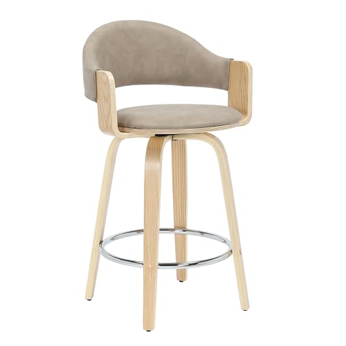 Daxton 36 in. H Swivel Counter Height Vintage Taupe Round Back Wood Bar Stool with Faux Leather Seat Set of 2 by Armen Living - Used condition - Image 3
