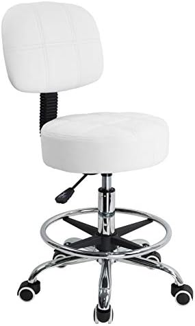 KKTONER Swivel Round Rolling Stool PU Leather with Adjustable Foot Rest, Height Adjustable Task Work Drafting Chair with Back (White)