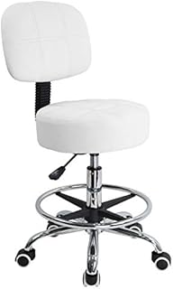 KKTONER Swivel Round Rolling Stool PU Leather with Adjustable Foot Rest, Height Adjustable Task Work Drafting Chair with Back (White)