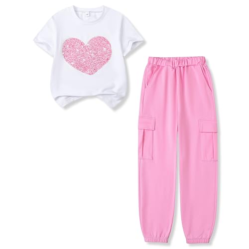 Image of Tween Girl Clothes 2 Piece Outfit Summer Short Sleeve Top + Jogger Pants Spring Fall Clothing Set Size 4-14 Years