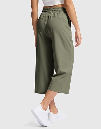 Soothfeel Women's Capri Pants Loose High Waisted Wide Leg Lightweight Travel Hiking Pants for Women Casual Summer with Pocket Olive Green L3