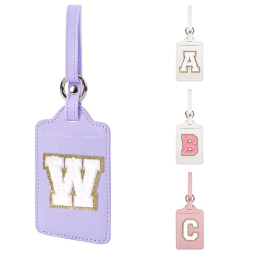 Personalized Initial Luggage Tags for Suitcases, Leather Chenille Letter Cute Luggage Tags with Privacy Name Card, Embroidered Travel Bag Backpack Tag Gifts for Women Kids Girls Teens(Purple-W)