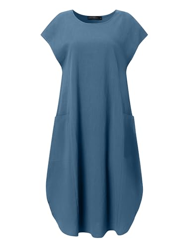ZANZEA Women Summer Dresses Cotton Linen Dress Plus Size Short Sleeve Baggy Sundress Oversized Casual Midi Dresses with Pockets 1-Blue XXL - Image 5