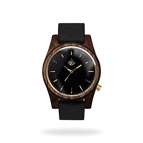 Agavus wood watch - 44mm Agavia collection Walnut/Black. Handmade with love in Mexico in collaboration with local artisans. American Walnut Natural wood. Cactus leather. (Black)