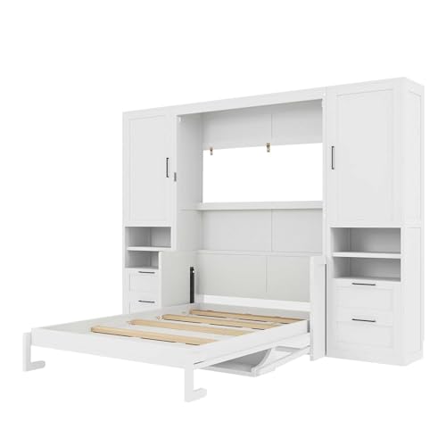 Image of Merax Full Size Murphy Bed with Desk, Closet, Drawers and Shelves, Multifunctional Foldable Wood Platform Bed Frame for Small Spaces Studio Study Office Guest Room, Space-Saving Design, White