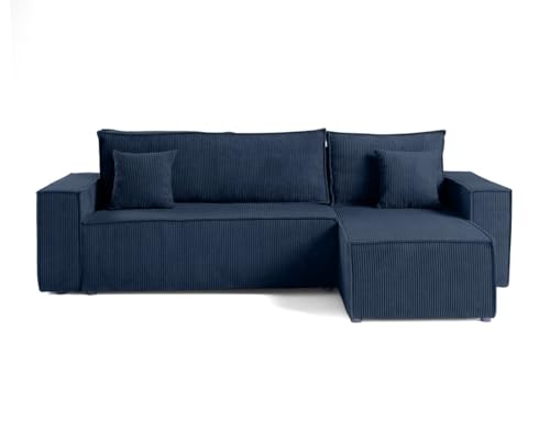 Bestmobilier - Canapé d'angle Convertible avec Coffre Réversible Cezanne en Velours Côtelé - Canapé Lit - Sofa Bleu Ardoise 4 Places - Angle Droit - ou Gauche -...
